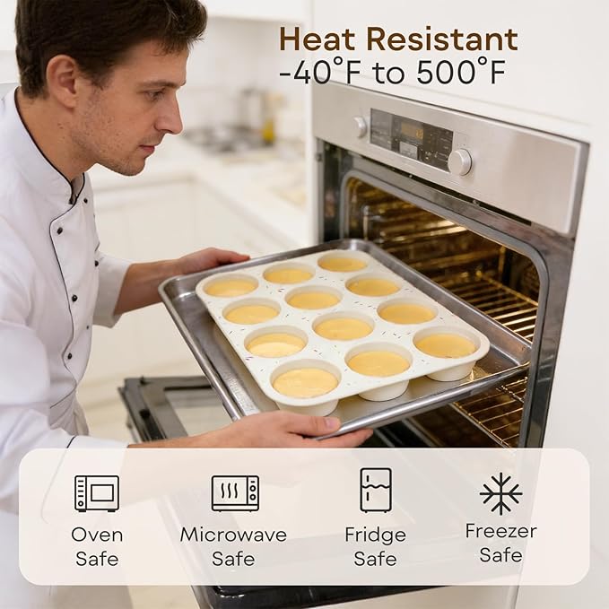 Silicone Muffin Pans for Baking Nonstick 2 Pcs, 12 Cup Regular Cupcake Pan, Food-Grade Silicone Baking Molds for Cupcakes, Egg Bites, Freezer, White