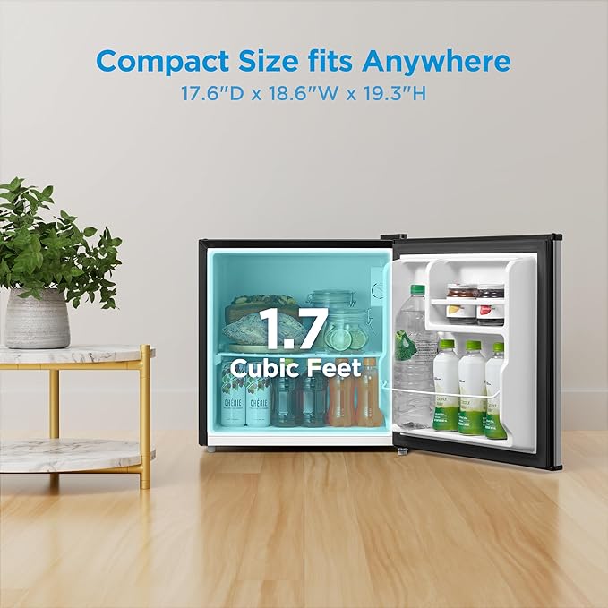 Midea MERM17B0ASL 1.7 Cu Ft Mini Fridge, Compact Refrigerator with Adjustable Thermostat, Reversible Door, Low Noise, Energy Efficient, Ideal for Dorm, Office, Bedroom, Steel Gray