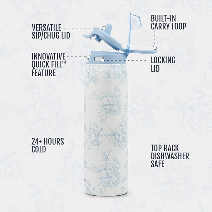 Ello Pop & Fill 22oz Stainless Steel Water Bottle with QuickFill Technology, Double Walled and Vacuum Insulated Metal, Leak Proof Locking Lid, Straw and Chug, Reusable, BPA Free, Porcelain Rose