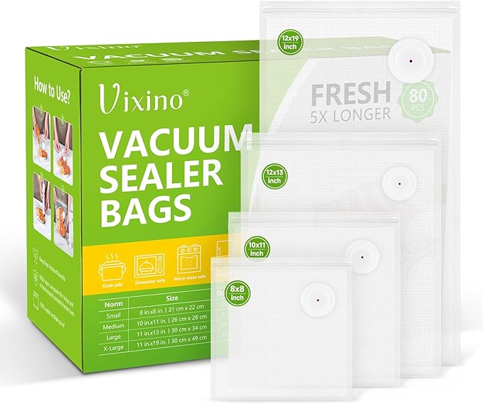 Vixino Vacuum Sealer Bags, 80 Reusable Vacuum Sealer Bags for Food, BPA-Free, Meal Prep and Sous Vide Cooking,Works for Handheld Sealer and Vac Sealer Machine with External Vacuum Systems