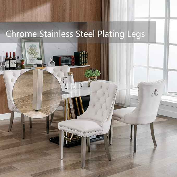 Velvet Dining Chairs Set of 6, Upholstered Dining Room Chairs with Back Ring Pull Trim and Sliver Stainless Steel Legs,Modern Kitchen Chairs Perfect for Dining Room,Living Room,Kitchen(Beige)