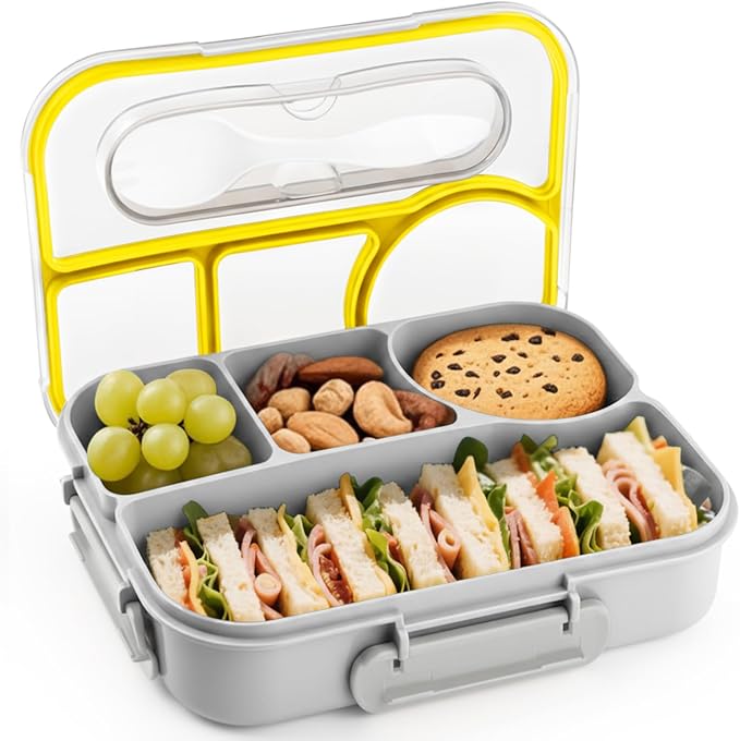 EASYFUN Bento Box Adult, Lunch Box, 4-Compartment Lunch Containers, Drop-Proof, Dishwasher Safe & Made with BPA-Free Materials (Grey)