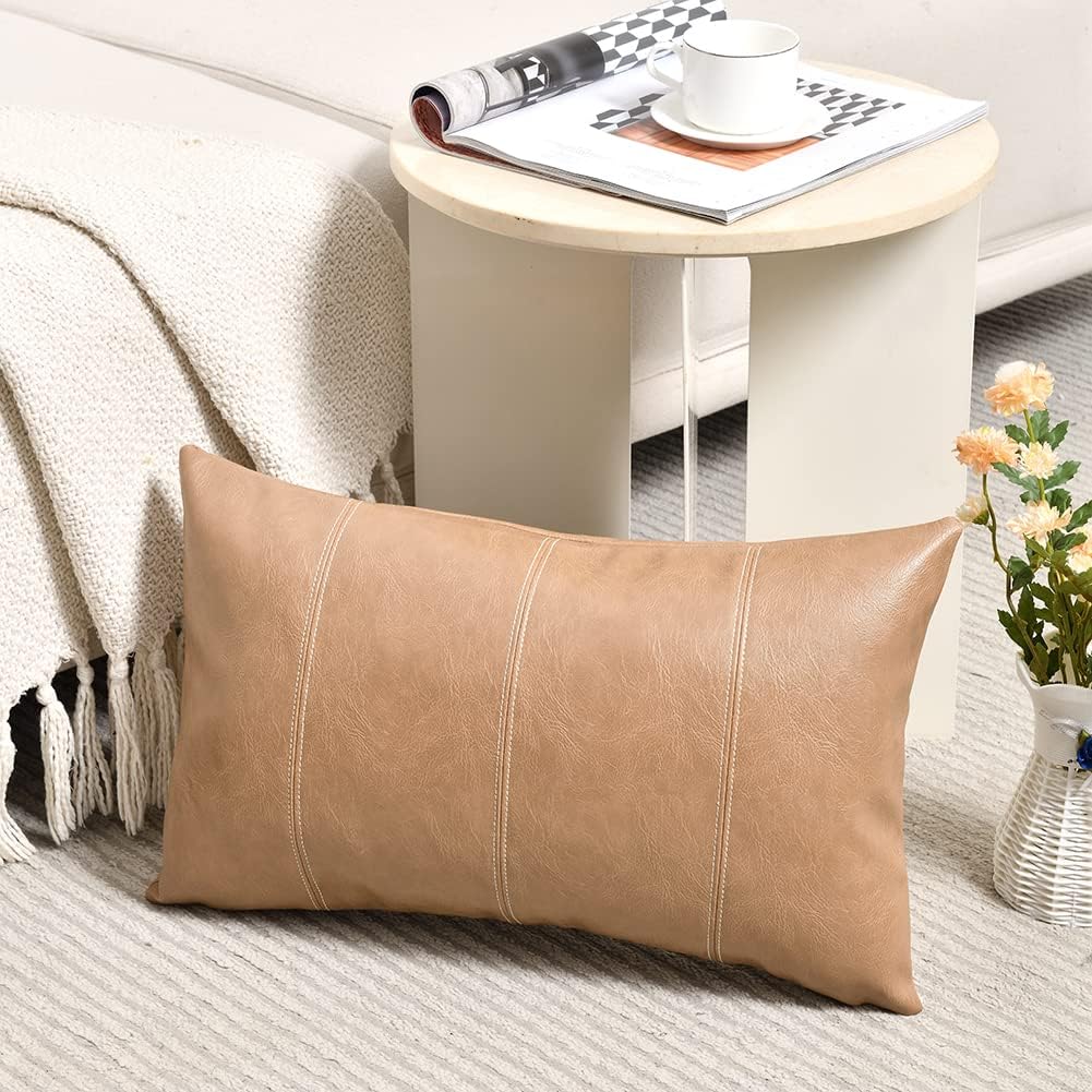 Fancy Homi Tan Long Lumbar Waterproof Faux Leather Decorative Throw Pillow Covers 16x24 Inch for Living Room Couch Bed, Beige Hand Stitched Cushion Case 40x60 cm, Taupe Modern Farmhouse Home Decor