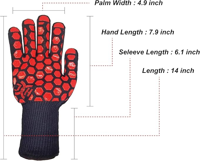 J H Heat Resistant Oven Glove:EN407 Certified 932 °F, 2 Layers Silicone Coating, Oven Mitts for Cooking, Kitchen, Fireplace,Camping, Grilling (Black/Red, Extra Long Cuff)