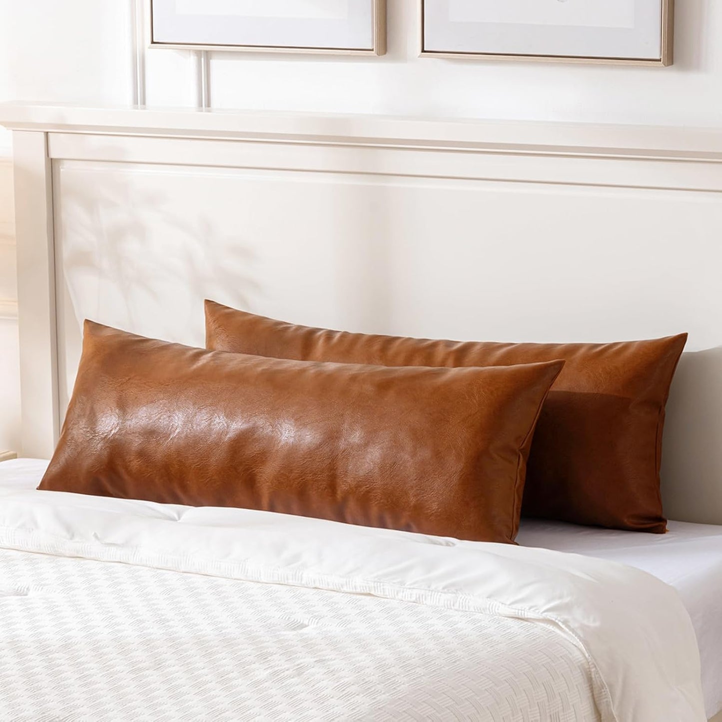 Fancy Homi Brown Boho Long Lumbar Faux Leather Body Decorative Throw Pillow Cover 12x40 Inch for Bedroom Couch Bed Bench, Thick Stylish Solid Rectangle Pillowcase, Rustic Modern Farmhouse Room Decor