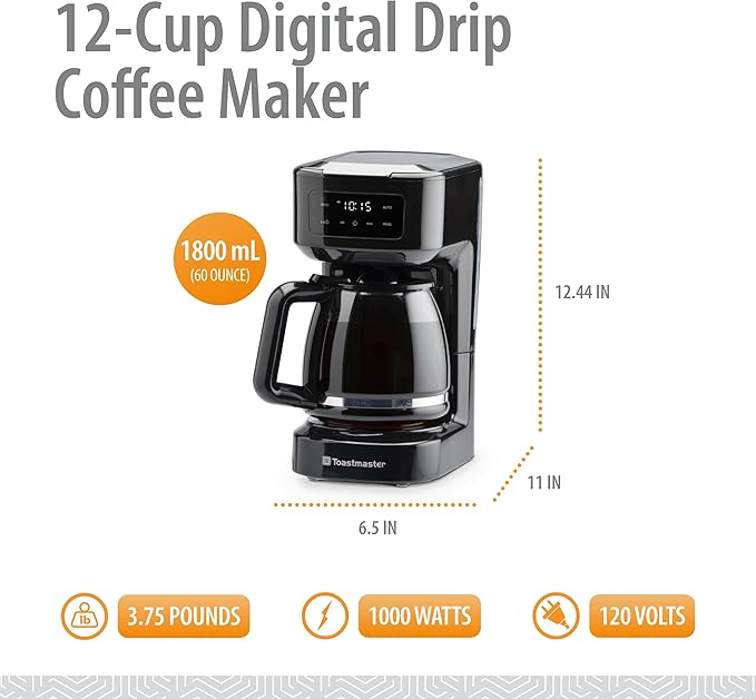 Toastmaster 12-Cup Digital Touchscreen Drip Coffee Maker - Programmable Automatic Coffee Machine - Kitchen Appliance with Keep Warm Setting