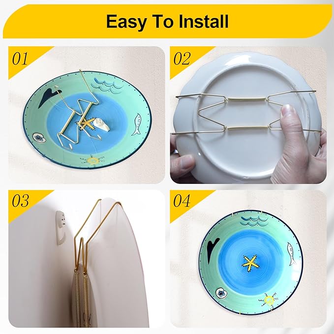 6 Pieces Plate Hangers for the Wall – Vertical Plate Hangers, Adjustable Sizes (6", 8", 10"), Invisible Design, Plate Wall Hangers for Display, Plate Holders for Displaying, Picture Hanging Kit