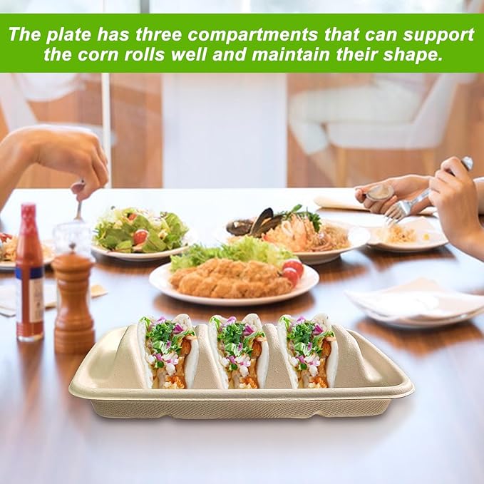 100PCS Disposable Taco Holders for Party, Pulp Fiber Plates with 3 Dividers, Lazy Susan Taco Bar
