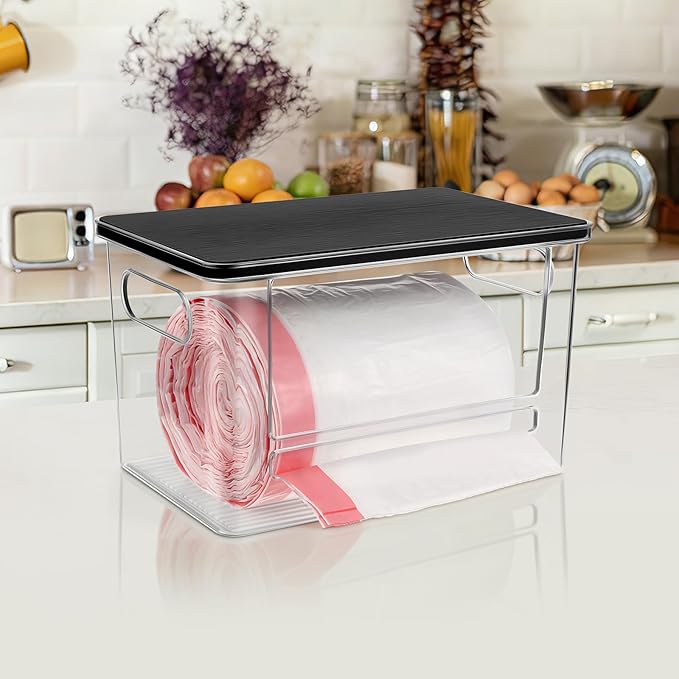 Trash Bag Dispenser, Trash Bag Holder Dispenser with Bamboo Top, Extra Large Garbage Bag Holder Dispenser Trash Bag Organizer Under Sink for Kitchen, Pantry, Laundry Room