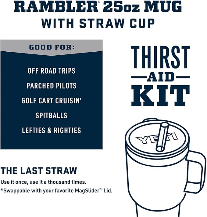 YETI Rambler 25 oz Tumbler with Handle and Straw Lid, Travel Mug Water Tumbler, Vacuum Insulated Cup with Handle, Stainless Steel, Navy