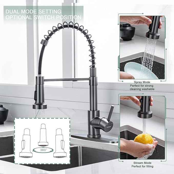 WEWE Black Stainless Kitchen Faucet, Faucet for Kitchen Sink with Pull Down Sprayer Gray Matte Gun Black Kitchen Faucet with Deck Plate Stainless Steel Farmhouse Commercial Single Handle Sink Faucet