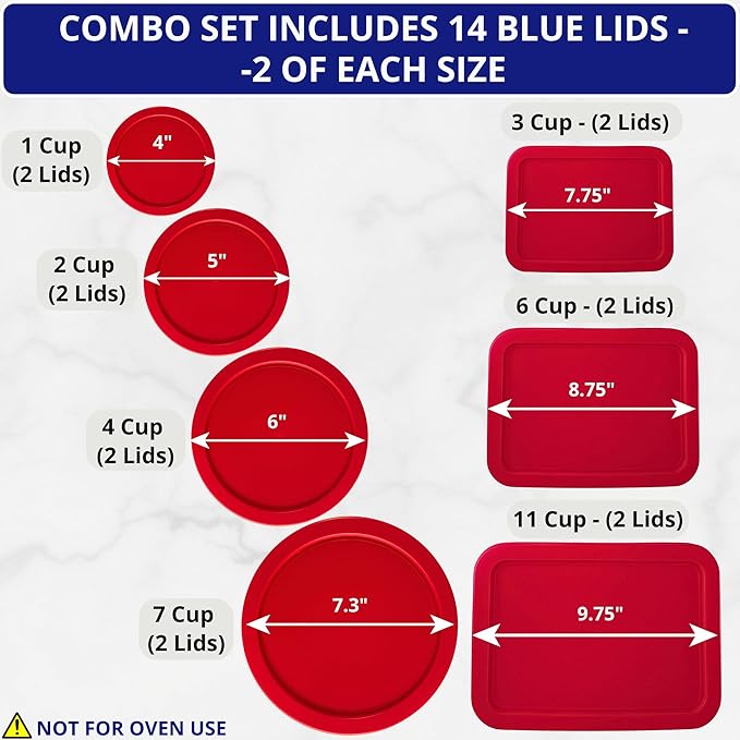 1, 2, 4 & 7 Cup Red Round & 3, 6, 11 Cup Red Rectangle Replacement Lids/Covers for Pyrex, Anchor Hocking & KlareWare Storage Bowls *Lids Only -Glass Container Not Included*, 14 Pack *2 of Each Size*