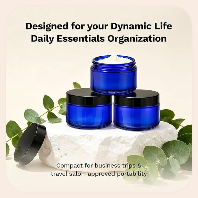 Bumobum 1 oz Blue Glass Jars with Lids, 48 pack Clear Small Jars with Black Lids, White Labels & Inner Liners, Empty Round Cosmetic Containers for Cream, Lotion