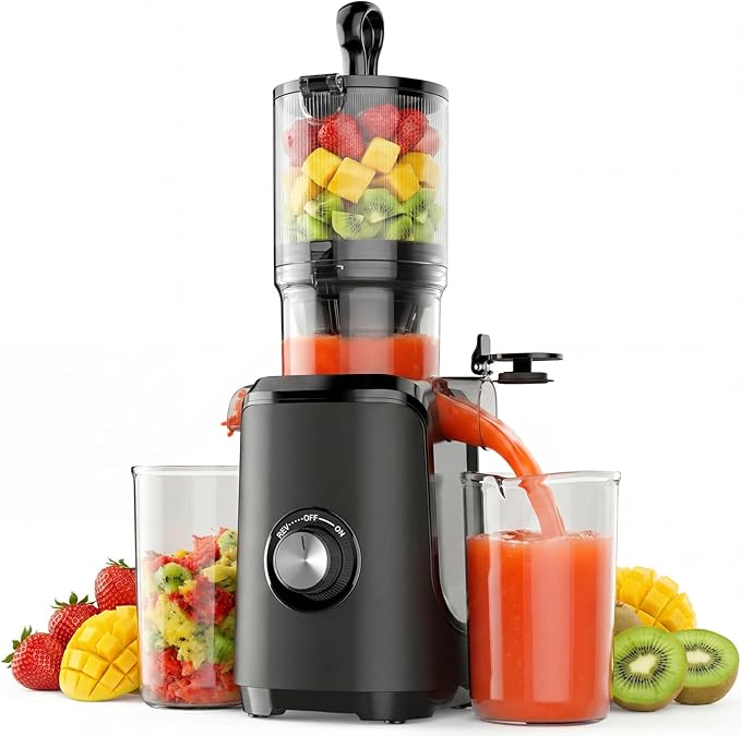 DUMOS Masticating Juicer Machines, Cold Press Juicer with 4.25" Wide Feed Chute, High Juice Yield for Whole Vegetables & Fruits, Easy to Clean, Black