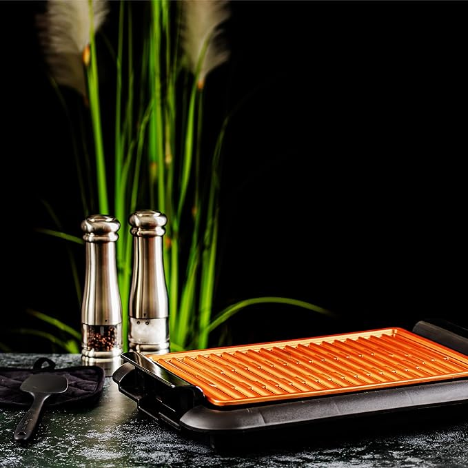 OVENTE Electric Indoor Grill with 15x10 Inch Non-Stick Cooking Surface, 1200W Fast Heat Up Power, Adjustable Temperature, Removable and Dishwasher Safe Grilling Plate and Drip Tray, Copper GD1510NLCO