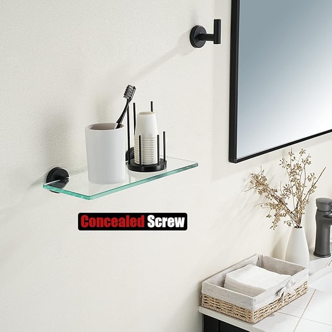 JQK Bathroom Glass Shelf Black, Tempered Glass Shower Storage 12 by 5 inches, 304 Stainless Steel Matte Black Wall Mount, TGS101L12-PB
