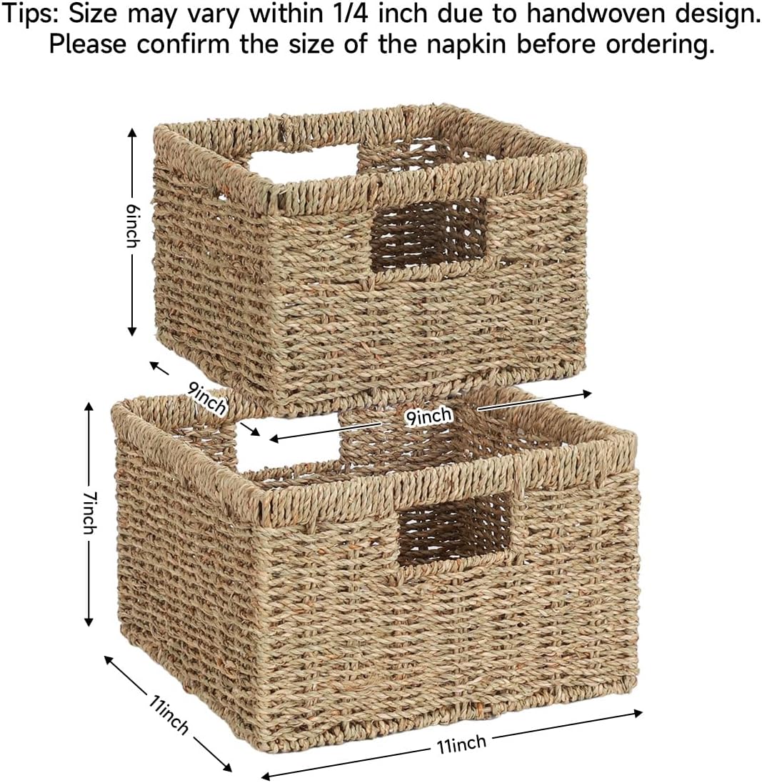 Wicker Storage Basket, Rectangular Seagrass Baskets with Handles, Handwoven Decorative Wicker Basket for Shelves, Bedroom, Set of 2, Large and Small (Natural Seagrass)