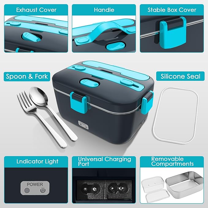 COZYEXPERT Electric-Lunch-Box-Heated-Food-Warmer 100W Heating Lunchbox for Adults 1.8L Portable Food Heater for Work/Car, 12V/24V/110-230V Lonchera Eléctrica Portátil with Fork Spoon (Gray+Blue)