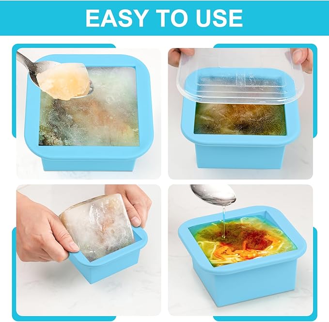 Silicone Freezer Tray with Lid 4 Pack Silicone Freezer Molds Ice Cube Tray Makes 4 Perfect 2 Cup Portions Soup Cubes Meal Prep Containers- Oven & Dishwasher Safe