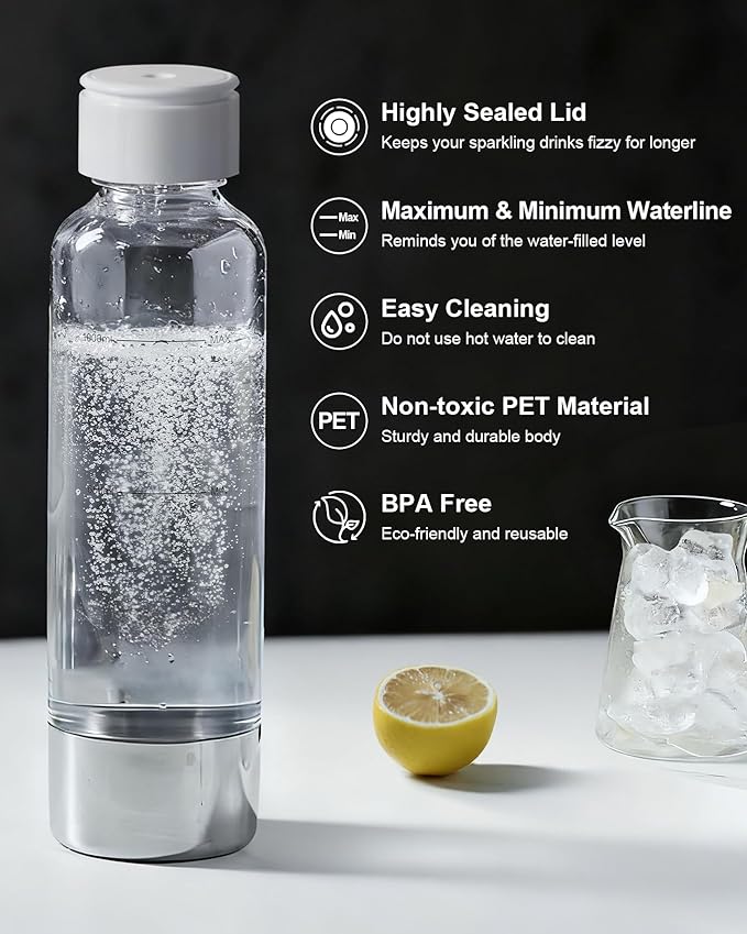 MOKKOM Sparkling Water Maker Stainless Steel & 1L Reusable Soda Maker Bottle
