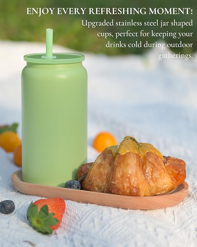 10Pack Glass Cups with Lids and Straws, 16oz Stainless Steels Cups, Beer Cups, Iced Coffee Cups, Smoothie Cups, Drinking Cups, Green (Textured Matte Finish, Not Sublimatable)