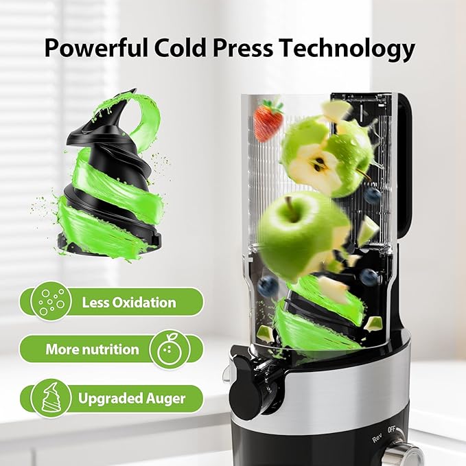 Cold Press Juicer Fits Whole Fruits, Aeitto Masticating Juicer Machines with Wide Feed Chute, Juice Extractor Machine Easy to Clean, High Juice Yield, Easy to Assemble, Self Feeding