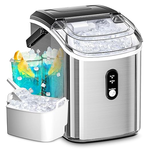 Antarctic Star Nugget Ice Maker Countertop with Handle, Stainless Steel, 35Lbs/24Hrs,7 Mins Ice Making, Pellet Ice Maker with Ice Basket/Ice Scoop for Home/Bar/Party/Office