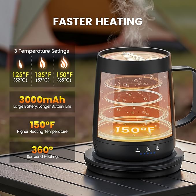 Smart Self Heating Coffee Mug,14oz Temperature Control Coffee Mug,Hot up to 150°F,Rechargeable Heated Coffee Mug,Up to 6H Battery Life,Coffee Cup Warmer,Great Gift for Coffee Lovers,Dad,Mom (Black)