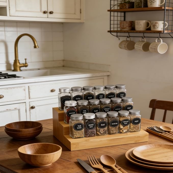 Spice Rack Organizer for Cabinet, Bamboo Spice Shelf 3 Tier Step for Cabinet & Countertop, Kitchen Pantry Storage for Seasonings, 2 Pack