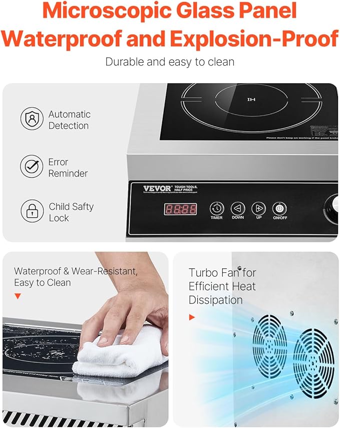 VEVOR Portable Commercial Cooktop, 5000W Induction Burner with 16 Temp Settings, Stainless Steel Countertop Induction Hot Plate with 4H Timer, Child Lock