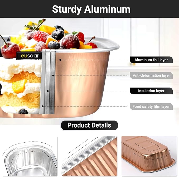 EUSOAR Disposable Aluminum Ramekins, 25pcs 6.8oz 6.5"x2.5"x1.2" Foil Mini Loaf Pans with Lids，Cupcake Baking Cups Containers Wrappers, Dessert Cheesecake Creme Brulee Ramekins Pan-Rose Gold