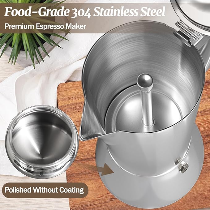 6 Cup Thickened Moka Pot 304 Stainless Steel 300ml Italian Espresso Coffee Maker Stovetop CoffeeMakers Mocha Pot Percolator for Induction Stove Classic Cafe Makers Portable for Easy Brewing