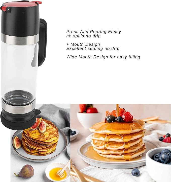 Honey Dispenser No Drip, 350ml Glass Syrup Dispenser for Coffee or Tea, Honey Jar with Handle, Removable Top and Bottom Cover, No Drip Pouring Honey Container Jar (Black)