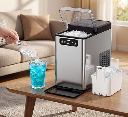 Nugget Ice Maker Countertop,Pellet Ice Machine Chewable Ice 40Lbs/Day,Ready in 5 Mins, Self-Cleaning,Compact Crushed Ice Maker with Scoop for Home/Kitchen/Office, Stainless Steel