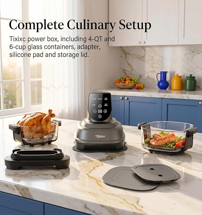 5-in-1 Glass Air Fryer for Healthy Oil-Free Cooking, Portable 1500W Countertop Cooker with 4QT & 6-Cup Glass Bowl, Non-Toxic Design & Dishwasher Safe for Single & Family Meals