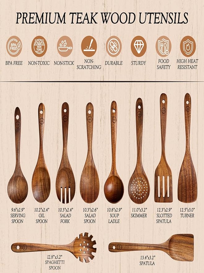 Natural Teak Wood Kitchen Utensil Set - 10 Piece Non-Stick Cooking Spoons & Spatulas, Heat Resistant & Eco-Friendly, Durable Wooden Tools for Nonstick Cookware