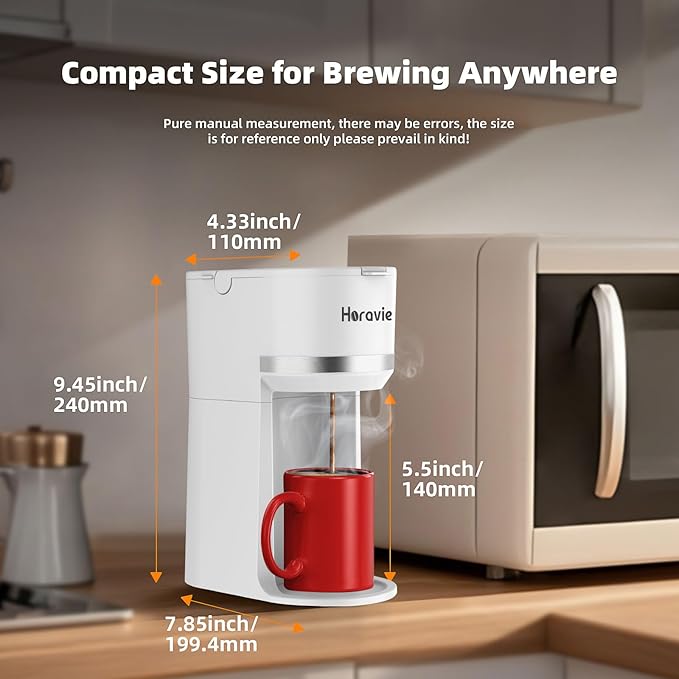 Horavie Mini Single Serve Coffee Maker for K Cup and Ground Coffee, Fast Brew One Cup Coffee Machine with Descaling Reminder and Water Window, 6 to 12 oz. Brew Sizes, White