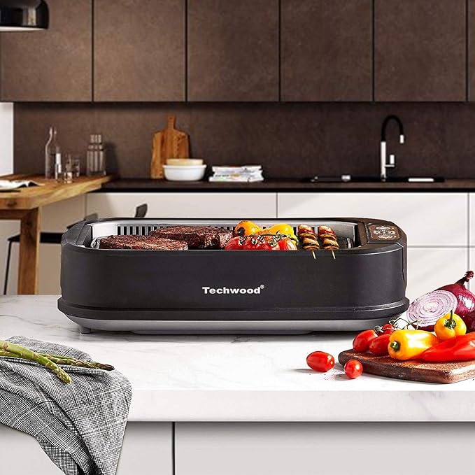 Techwood Indoor Grill Smokeless Grill, Electric Korean BBQ Grill with Glass Lid, Turbo Smoke Extractor Technology, Dishwasher-Safe Drip Tray & Nonstick Grilling Removable Plate, Black, 1500W