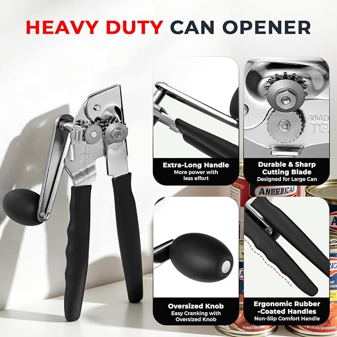 MARSWELL Heavy Duty Can Opener for Large Cans, Extra-Long Handles & Oversized Knob for Easy Cranking, Commercial Manual Hand Crank Opener Opens Big #10 Cans Smoothly, Strong All-Steel Construction