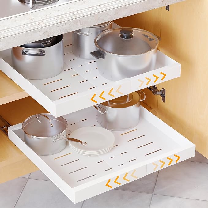 SpaceAid Pull Out Cabinet Organizer, 1 Pack Expandable 11.8"-19.6" (Need to Pull to Widen) Heavy Duty Pull-Out Drawer with Adhesive Tape for Kitchen Storage Cabinets (White, 17" Deep)