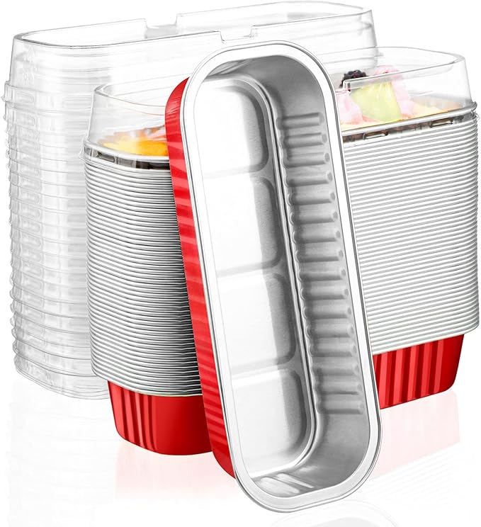 EUSOAR Disposable Ramekins with Lids, 50pcs 6.8oz 6.5"x2.5"x1.2" Aluminum Foil Baking Cups Mini Loaf Pan Tin，Rectangle Cupcake Containers Wrappers, Dessert Cheesecake Creme Brulee Ramekins Pan