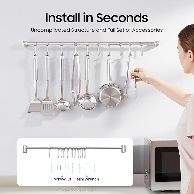 Kitchen Hanging Racks, 304 Stainless Steel 20 Inch Rail Utensil Storage Hanger with 10 Pcs Noiseless Sliding Hooks, Wall Mounted Rod Holder for Pots Pan Spatula Spoon Cookware Mug Cup