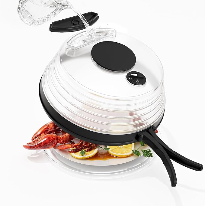 10 inch Microwave Splatter Cover for Food with Water Steamer, Collapsible Plastic & Silicone Microwave Plate Cover with Handle and Anti-Scald Base Plate, Kitchen Cooking Guard, Black
