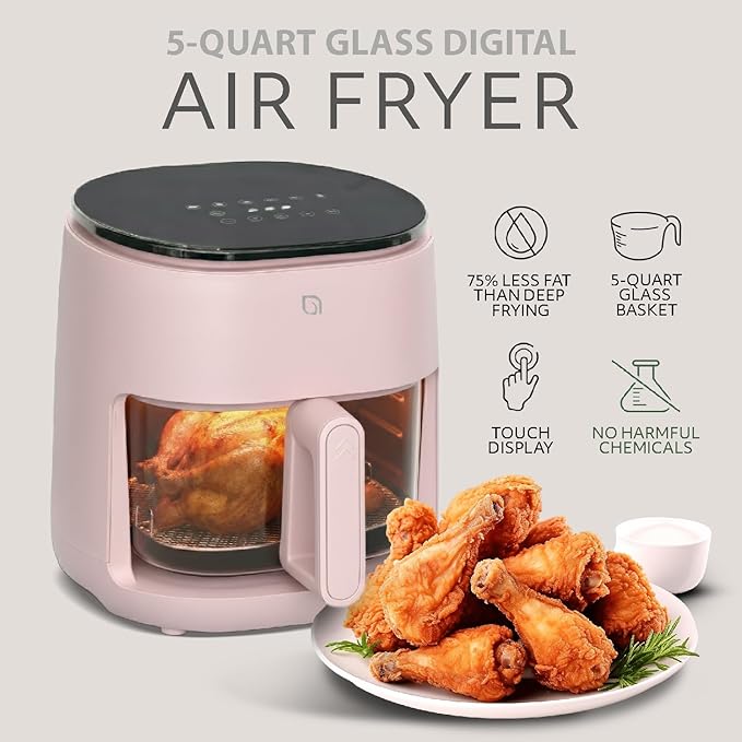 WILLOW Eco Series 6 in 1 Air Fryer with Glass Basket, 5 Quart Non Toxic Air Fryer w Digital Display, 430°F Max Temp, Preheat & Keep Warm Function, Compact + Dishwasher Safe Glass Pink Airfryer