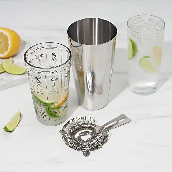 True 3-Piece Barware Set for Mixed Drinks and Cold Brew Cocktails, Includes Cocktail Shaker Tin, Cocktail Mixing Glass with 7 Printed Recipes, and Hawthorne Strainer, Home Bar Tools, Bartender Gifts