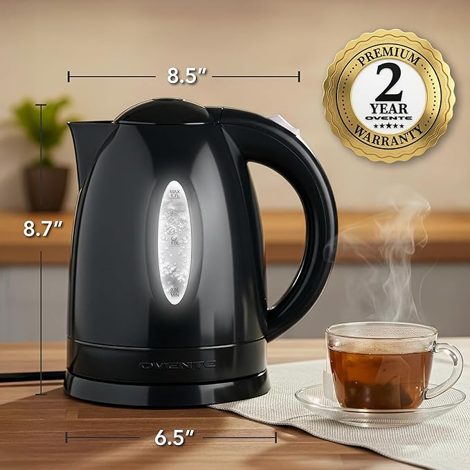 OVENTE Electric Kettle, 1.7L Fast Boiling Water Heater for Coffee or Tea, BPA Free with Water Level Gauge, Auto Shut-Off, Boil-Dry Protection, Indicator Light and Removable Filter, Black KP72B