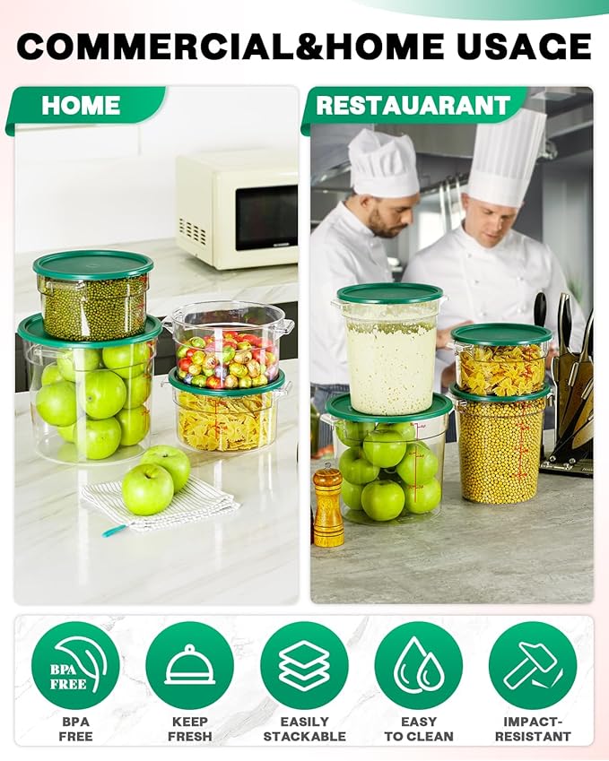 12QT NSF Food Storage Containers: 8 PCS [Food Grade][Hot&Cold Resistant] Commercial Clear Round Food Storage Containers with Scales Handles for Home Restaurant Kitchen Proof Dough(GREEN N)