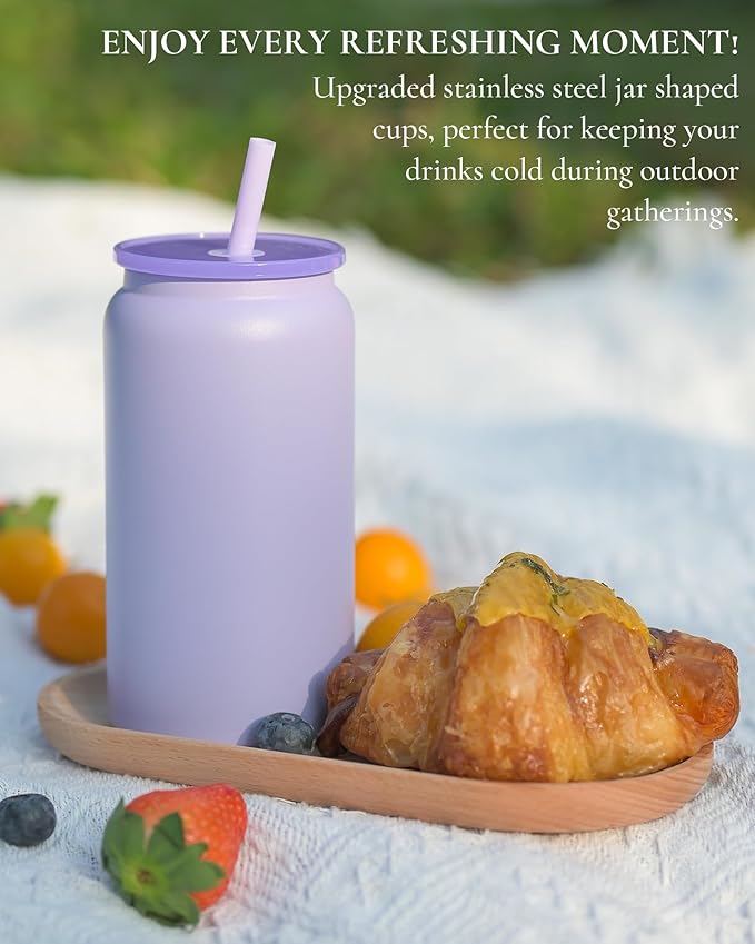 16oz Glass Cups With Lids and Straws, Stainless Steel Beer and Iced Coffee Cup, Smoothie Drinking Cup, Purple (Textured Matte Finish, Not Sublimatable)