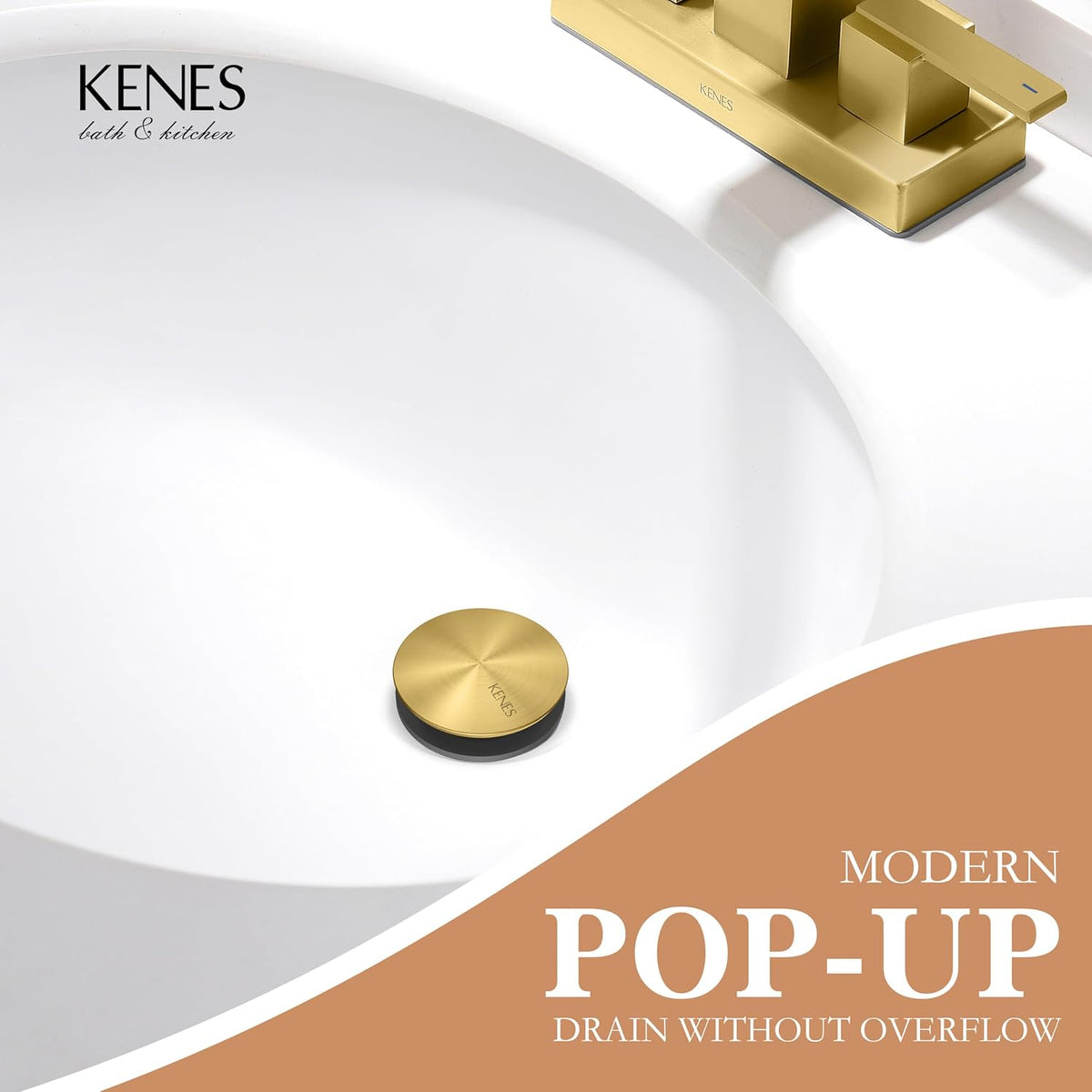KENES Bathroom Vessel Sink Pop Up Drain Without Overflow Assembly, Lavatory Vanity Sink Drain Stopper, Anti-Clogging Drain Strainer, Brushed Gold, KE-P300A-4