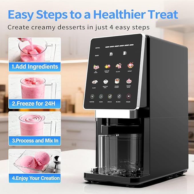 Ice Cream Maker & 10-in-1 Frozen Treat Maker, 20 oz 1 Pint, Mix-In + Re-Spin for Creamy Texture, Gelato, Sorbet, Slushie, Frozen Yogurt & Smoothie Bowls Machine for Homemade, Recipe Guide